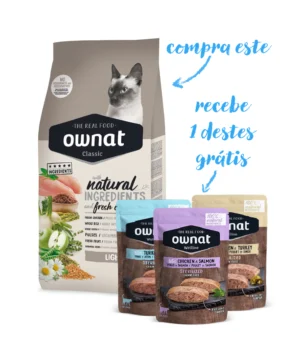 Imagem da embalagem da ração Ownat Classic Light para Gatos 4Kg, desenvolvida para ajudar no controle de peso de gatos adultos com excesso de peso, com ingredientes naturais e baixo teor de gordura