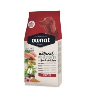 Pacote de ração para cão Ownat Classic Completa, formulada com ingredientes naturais e carne fresca para uma nutrição equilibrada