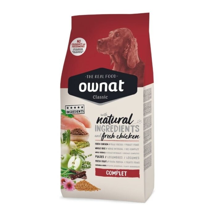Pacote de ração para cão Ownat Classic Completa, formulada com ingredientes naturais e carne fresca para uma nutrição equilibrada