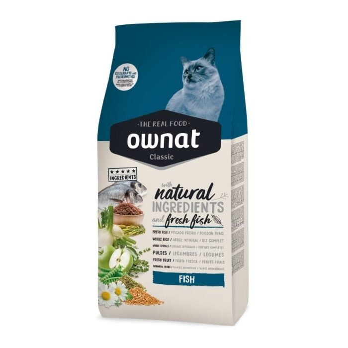 Imagem da embalagem da ração Ownat Classic Fish para Gatos 4Kg, feita com peixe fresco, ideal para uma alimentação equilibrada que promove a saúde da pele e um pelo brilhante.