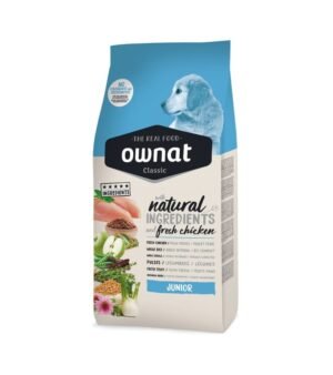 "Pacote de ração Ownat Classic Júnior 4Kg para cães em fase de crescimento, formulada com carne fresca e ingredientes naturais para um desenvolvimento saudável.