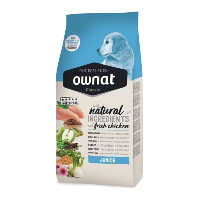 "Pacote de ração Ownat Classic Júnior 4Kg para cães em fase de crescimento, formulada com carne fresca e ingredientes naturais para um desenvolvimento saudável.
