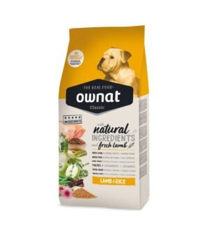 Embalagem da ração para cão Ownat Classic Borrego e Arroz, com ingredientes naturais, proteína de borrego e arroz, ideal para digestões sensíveis.