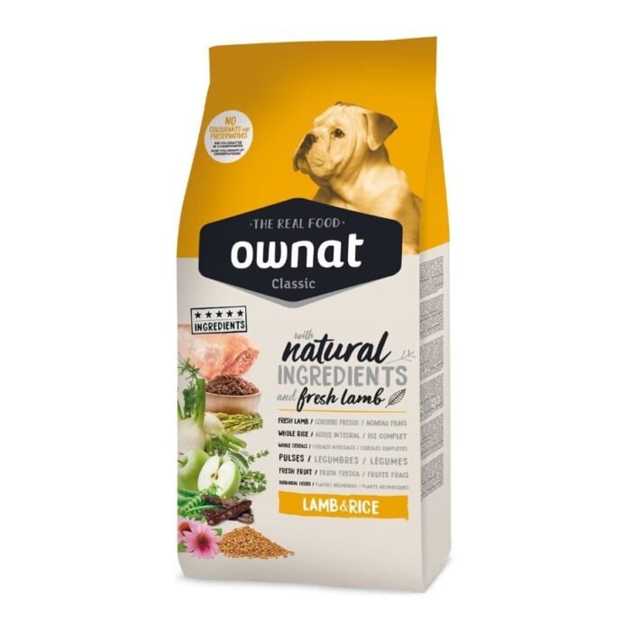 Embalagem da ração para cão Ownat Classic Borrego e Arroz, com ingredientes naturais, proteína de borrego e arroz, ideal para digestões sensíveis.