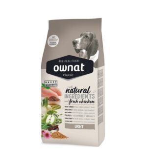 Imagem da embalagem da ração para cão Ownat Classic Light, desenvolvida para cães adultos com excesso de peso ou tendência a engordar, destacando o baixo teor de gordura e os ingredientes naturais, como a carne fresca, que ajudam no controle de peso e manutenção da massa muscular.