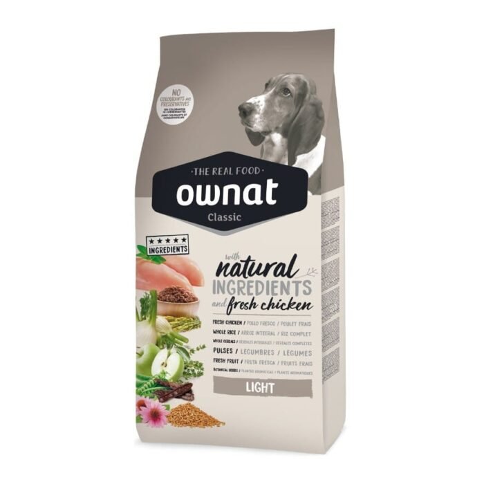 Imagem da embalagem da ração para cão Ownat Classic Light, desenvolvida para cães adultos com excesso de peso ou tendência a engordar, destacando o baixo teor de gordura e os ingredientes naturais, como a carne fresca, que ajudam no controle de peso e manutenção da massa muscular.