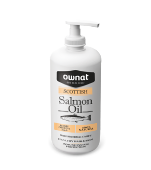 Frasco de Óleo de Salmão Natural para cães e gatos da Ownat, com bomba doseadora. Suplemento rico em ômega-3 e ômega-6, ideal para pele saudável, pelo brilhante e suporte articular. Embalagem moderna e prática, com design clean e natural.