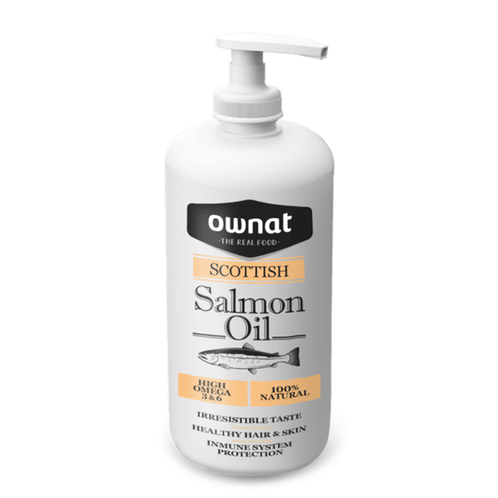 Frasco de Óleo de Salmão Natural para cães e gatos da Ownat, com bomba doseadora. Suplemento rico em ômega-3 e ômega-6, ideal para pele saudável, pelo brilhante e suporte articular. Embalagem moderna e prática, com design clean e natural.