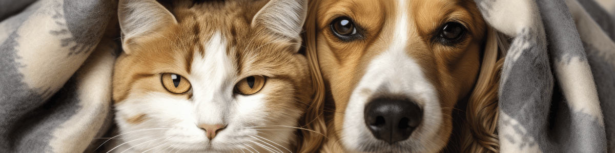 cão e gato enrolados num cobertor. imagem representativa para dicas Pets no inverno: como protege-los dos perigos?