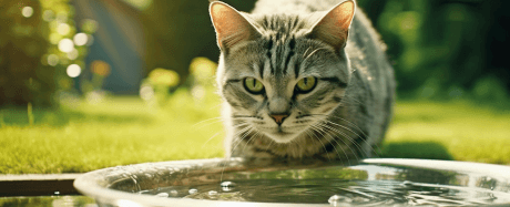 gato a beber água num dia soalheiro. imagem representativa do impacto do calor nos gatos