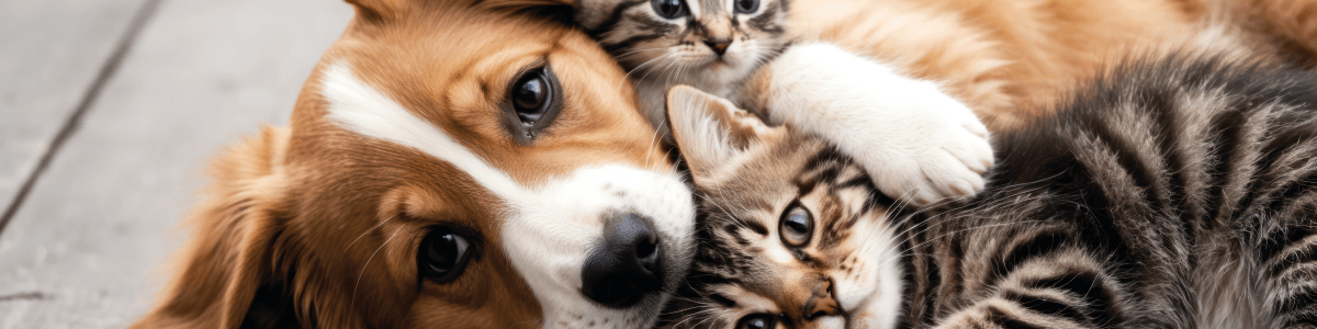 Um cão abraçado a dois gatos, imagem representativa para alterações de mudança de estação